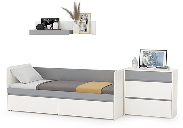 Торонто 11.39 Кровать + 16.475 Полка + 13.321 Комод, цвет белый шагрень/стальной серый, ШхГхВ 274х84,4х150 см., сп. м. 800х1900 мм, б/м, основан. есть