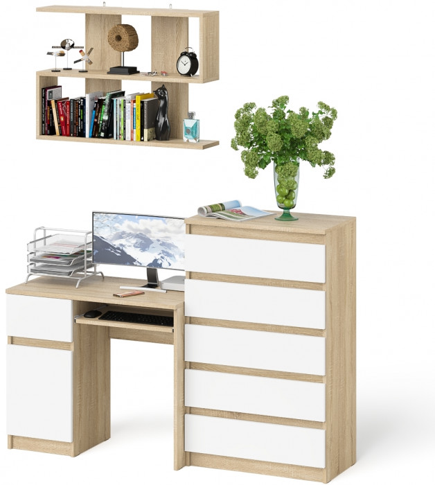 Мори компьютерный стол МС-1 левый + Комод МК700.5 + Полка 900, дуб сонома/белый