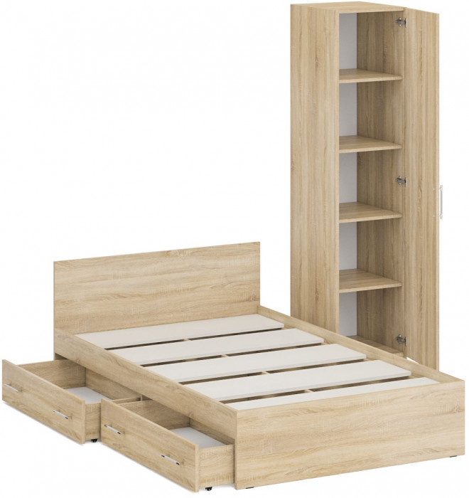 Кровать с ящиками 1200 + Пенал Стандарт, цвет дуб сонома, ШхГхВ 123,5х203,5х70 + 45х52х200 см., сп.м. 1200х2000 мм., без матраса, основание есть
