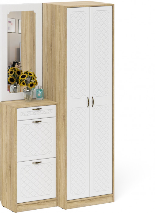 Прихожая П-6 Компоновка № 17, дуб сонома/фасады МДФ белое дерево фрезеровка ромб