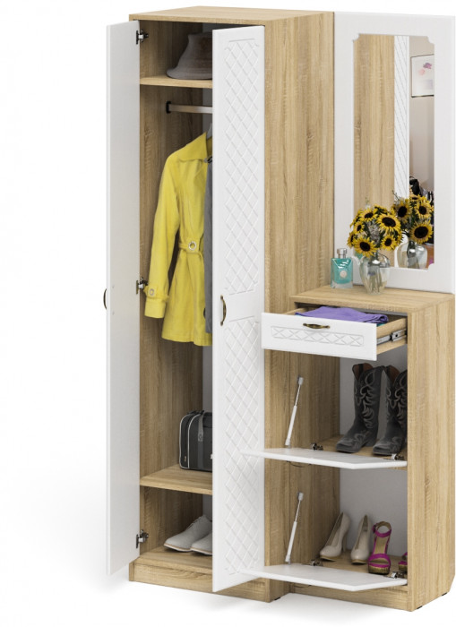 Прихожая П-6 Компоновка № 17, дуб сонома/фасады МДФ белое дерево фрезеровка ромб