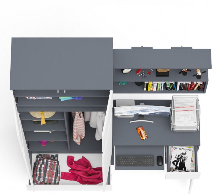 Мори компьютерный стол МС-1 правый + Шкаф МШ900.1 + Антресоль МА900.1 + Полка 900, графит/белый