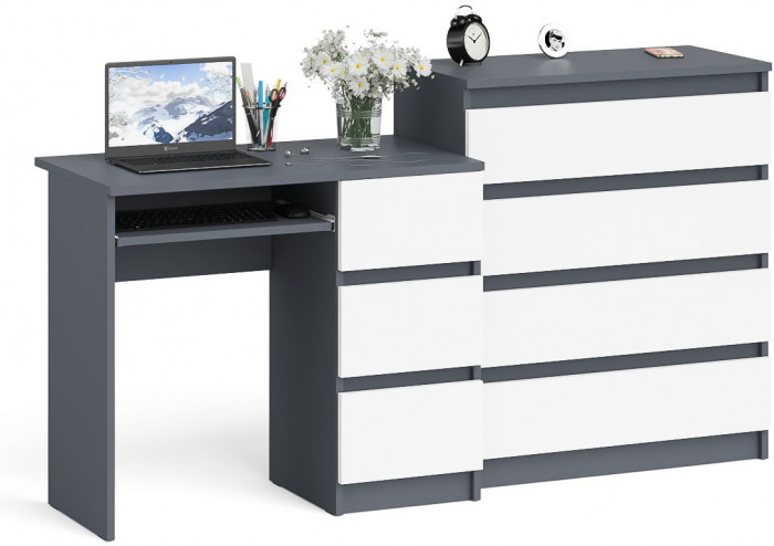 Мори компьютерный стол МС-6 правый + Комод МК800.4, графит/белый