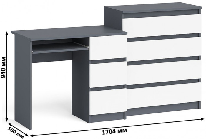 Мори компьютерный стол МС-6 правый + Комод МК800.4, графит/белый