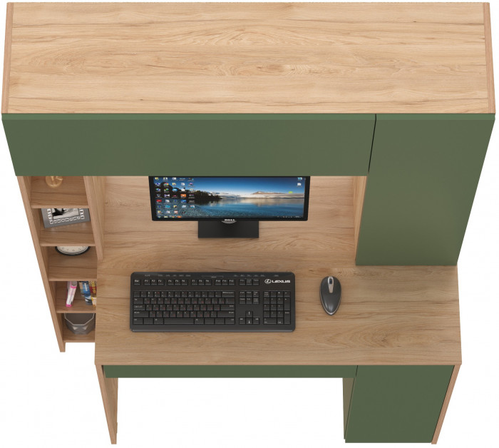 Стол компьютерный Комфорт 12.71, цвет гикори рокфорд натуральный/дымчатый зелёный, ШхГхВ 116,7х60,2х165,4 см., НЕ универсальная сборка