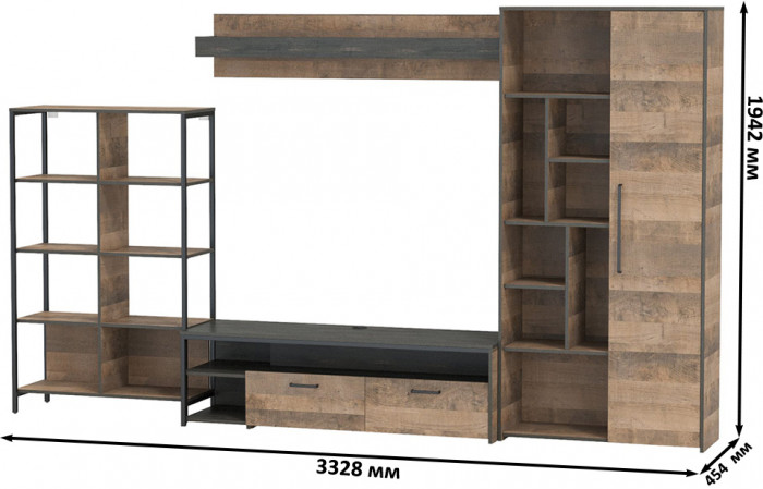 Трувор Гостиная 071, цвет дуб гранж песочный/интра, ШхГхВ 332,8х45,4х210 см., универсальная сборка