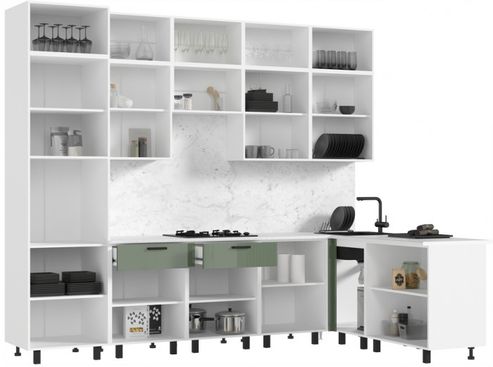 Кухня Техно 3,0х1,8/1080м Компоновка №6, Белый/Олива глянец