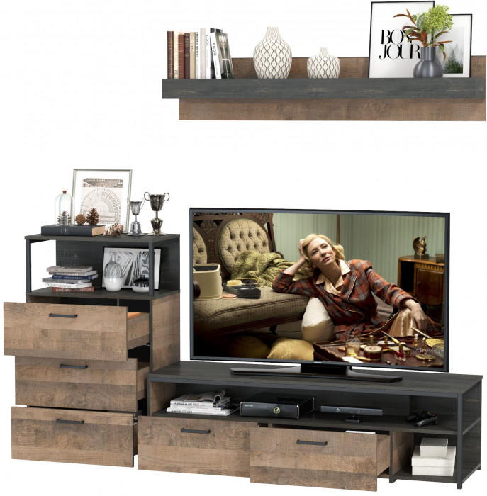 Трувор 13.70 Тумба под ТВ + 13.307.02 Комод с ящиками + 15.60 Полка, дуб гранж песочный/интра