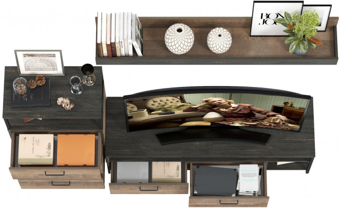 Трувор 13.70 Тумба под ТВ + 13.307.02 Комод с ящиками + 15.60 Полка, дуб гранж песочный/интра