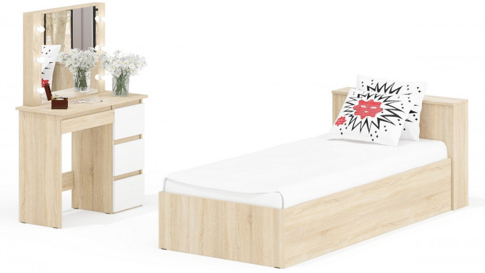 Ксения Кровать с ящиками 0900 + Стол косметический с подсветкой Сура, дуб сонома/белый