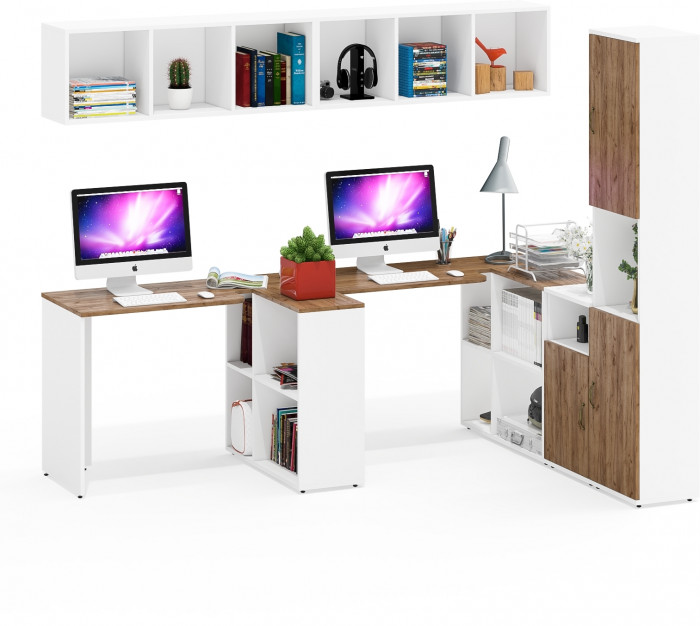 Лидер-8 Стол + Полка + Стол + Полка + Пенал + Тумба МД 3.19, белый шагрень/крафт золото