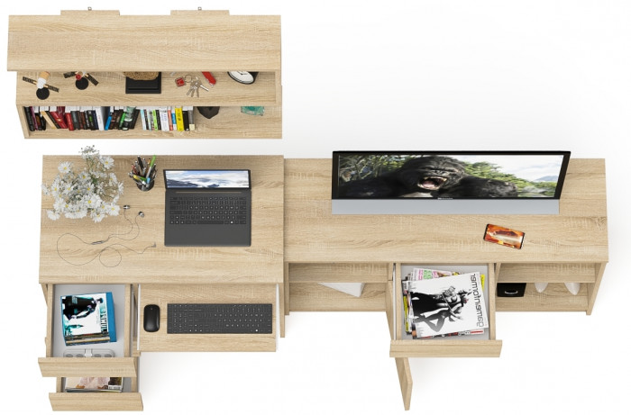 Мори компьютерный стол МС-6 левый + Тумба МТВ1204.1 + Полка 900, дуб сонома
