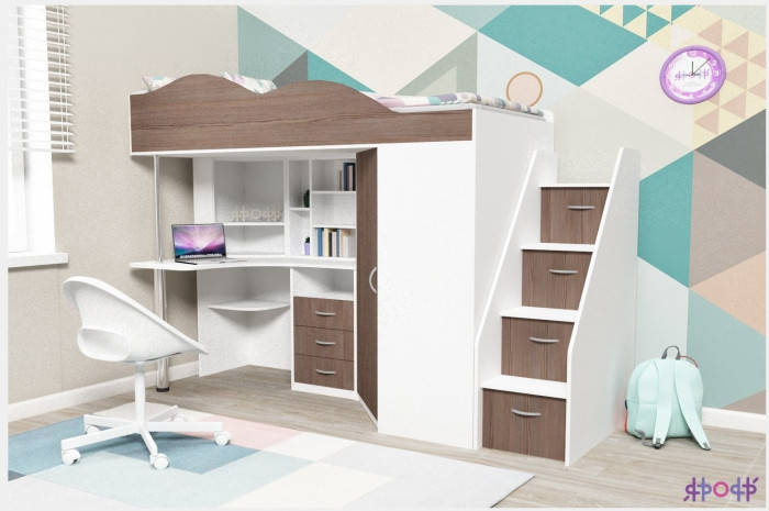 Кровать-чердак Пионер 1 (Белое дерево/Оранжевый)