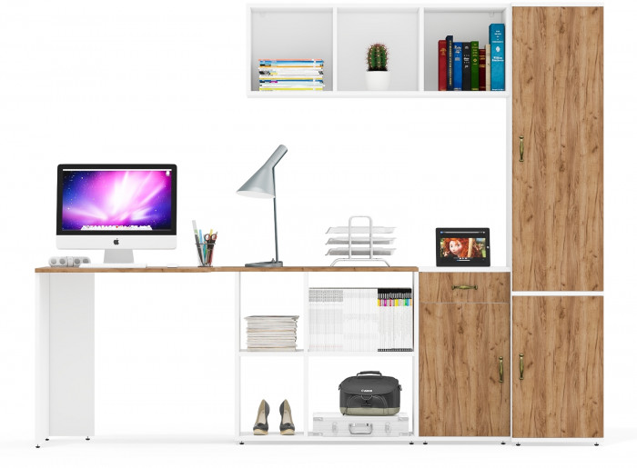 Лидер-8 Стол + Полка + Тумба МД 3.15 + Пенал МД 21Б, цвет белый шагрень/крафт золото, ШхГхВ 245х50/37,5х75/190 или 115х160/50х75/190 см., НЕ ун. сб.