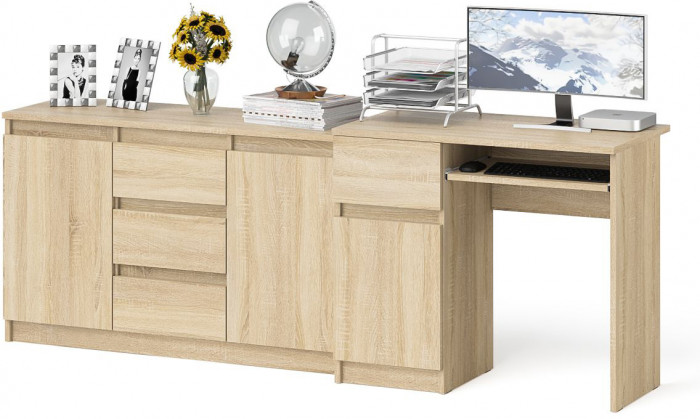 Мори Стол компьютерный МС-1 левый + Комод МК1200.3, цвет дуб сонома, ШхГхВ 210,4х50х76,6 см., выдвижной ящик слева, НЕ универсальная сборка