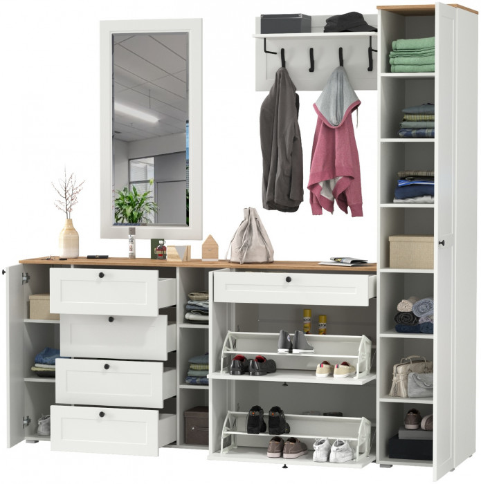 Остин Прихожая 57, цвет белый шагрень/дуб крафт золотой, ШхГхВ 240х54,3х229,6 см., универсальная сборка