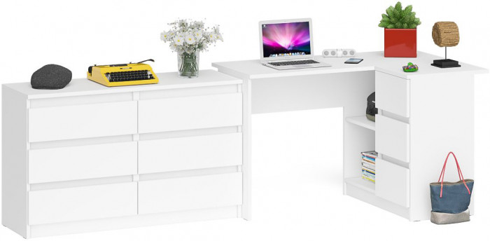 Мори Стол компьютерный МС-16 правый + Комод МК1200.6, цвет белый, ШхГхВ 244,8х84,9х76,6 см., выдвижные ящики справа, НЕ универсальная сборка