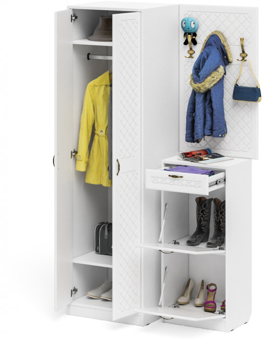 Прихожая П-6 Компоновка № 18, белая шагрень/фасады МДФ белое дерево фрезеровка ромб