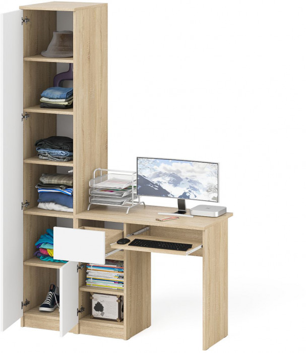 Мори компьютерный стол МС-1 левый + Пенал МШ400.1, дуб сонома/белый