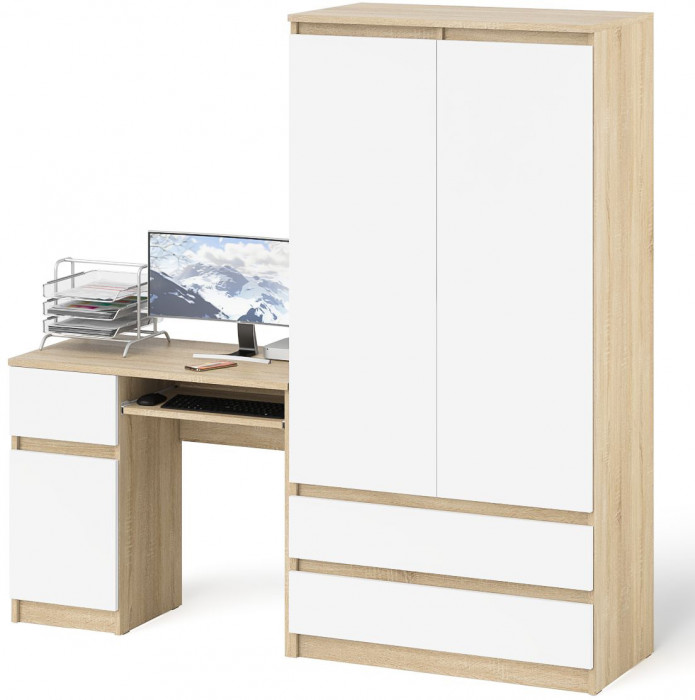 Мори компьютерный стол МС-1 левый + Шкаф МШ900.1, дуб сонома/белый