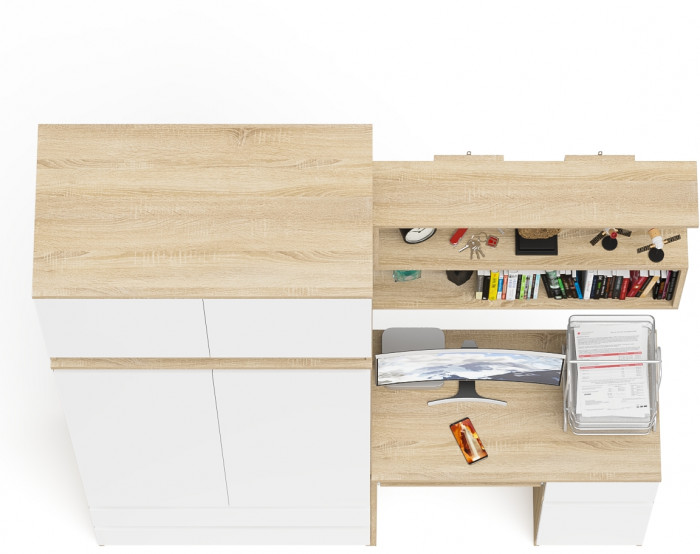 Мори компьютерный стол МС-1 правый + Шкаф МШ900.1 + Антресоль МА900.1 + Полка 900, дуб сонома/белый