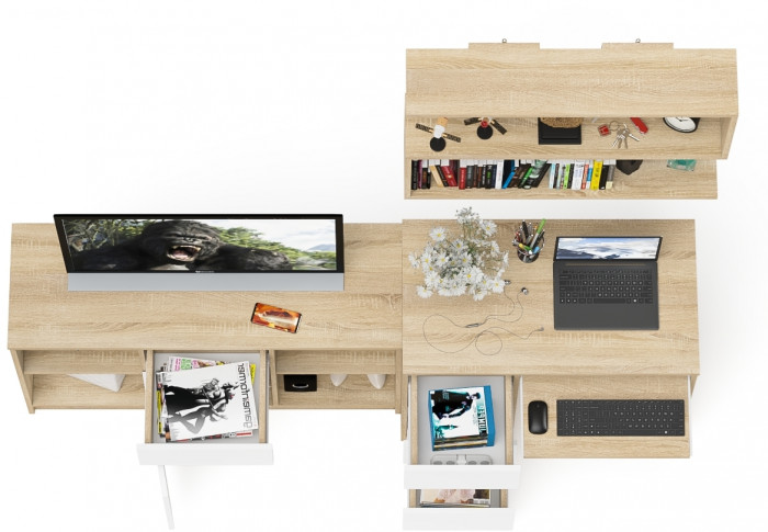 Мори компьютерный стол МС-6 левый + Тумба МТВ1204.1 + Полка 900, дуб сонома/белый