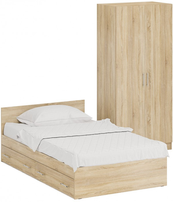 Кровать с ящиками 1200 + Шкаф 2-х створчатый Стандарт, цвет дуб сонома, ШхГхВ 123,5х203,5х70 + 90х52х200 см., сп.м. 1200х2000 мм., б/м, основание есть