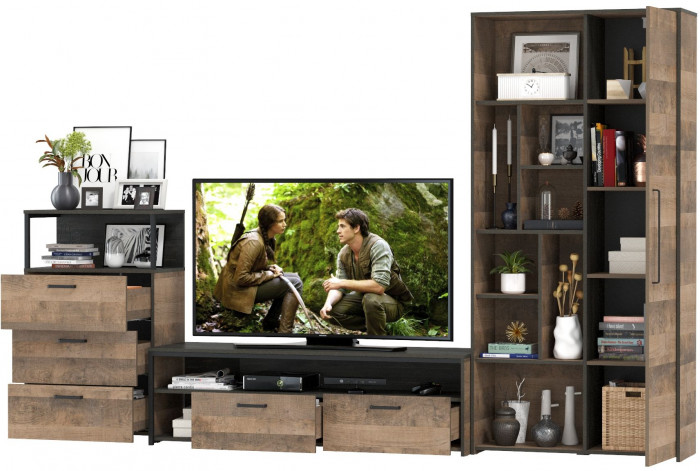 Трувор Гостиная 080, цвет дуб гранж песочный/интра, ШхГхВ 308,8х45,4х194,2 см., универсальная сборка