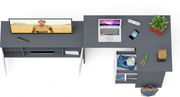 Мори компьютерный стол МС-16 правый + Тумба МТВ1200.1, графит/белый