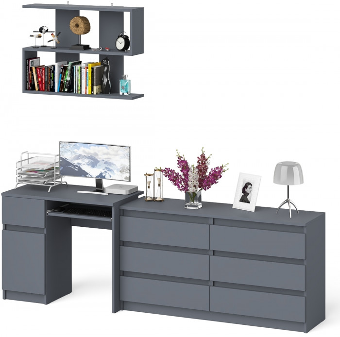 Мори Стол компьютерный МС-1 левый + Комод МК1380.6 + Полка 900, цвет графит, ШхГхВ 228х50х209,6 см., НЕ универсальная сборка