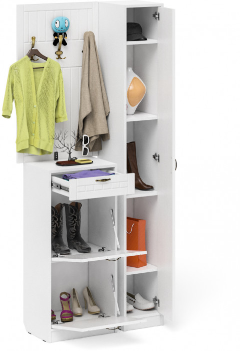 Прихожая П-6 Компоновка № 24, цвет белая шагрень/фасады МДФ белое дерево фрезеровка прованс, ШхГхВ 90х35х220 см., универсальная сборка