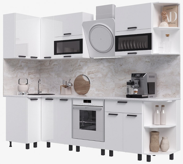 Кухня Техно 0,9*2,7м (490) Компоновка №2, Белый/Белый глянец