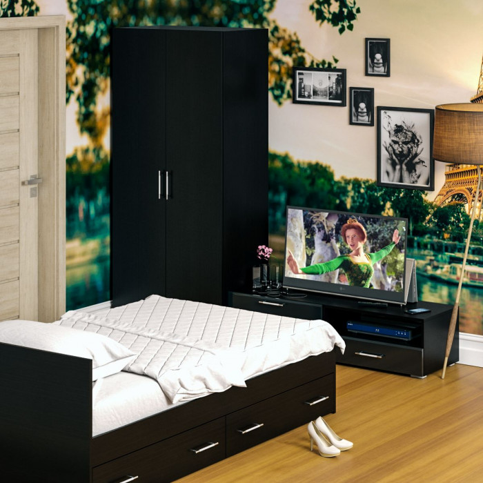 Спальня Стандарт 3-1200Я, венге/фасады ТВ тумбы МДФ чёрный глянец