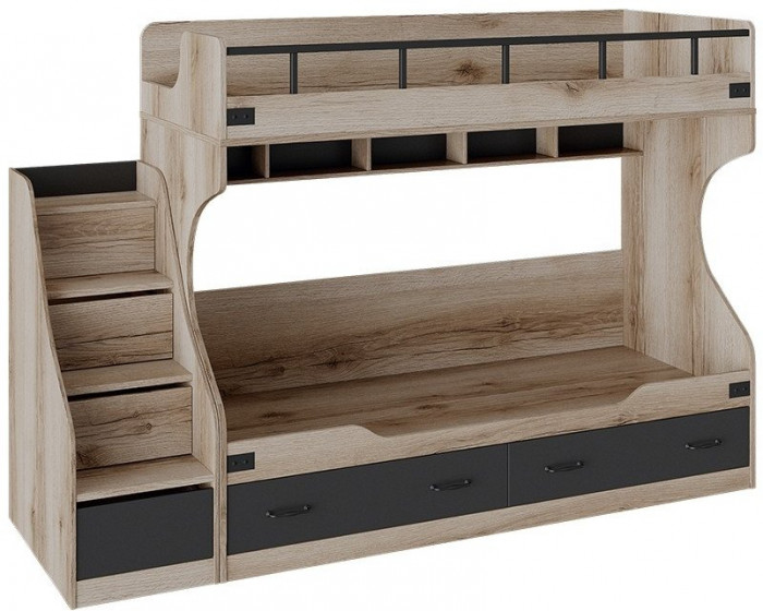 Окланд СМ-324.11.001 Кровать 2-х ярусная с лестницей приставной (Фон Черный/Дуб Делано)