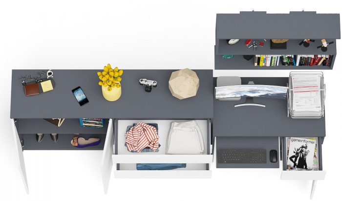 Мори Стол компьютерный МС-1 правый + Комод МК1600.1 + Полка 900, цвет графит/белый, ШхГхВ 250,4х50х209,6 см., НЕ универсальная сборка