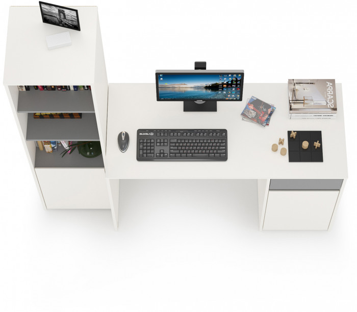 Торонто 12.149 Стол + 13.13 Шкаф комбинированный, цвет белый шагрень/стальной серый, ШхГхВ 160х53,1х149,7 см., универсальная сборка