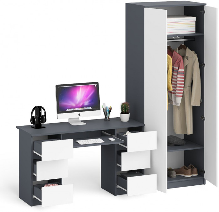 Мори Стол компьютерный МС-2 + Шкаф МШ800.1, цвет графит/белый, ШхГхВ 215,8х50,4х209,6 см., универсальная сборка