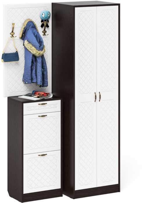 Прихожая П-6 Компоновка № 18, венге/фасады МДФ белое дерево фрезеровка ромб