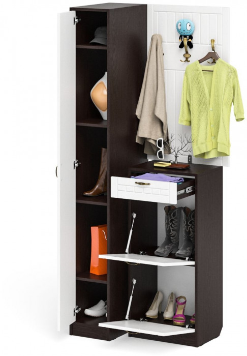 Прихожая П-6 Компоновка № 44, венге/фасады МДФ белое дерево фрезеровка прованс