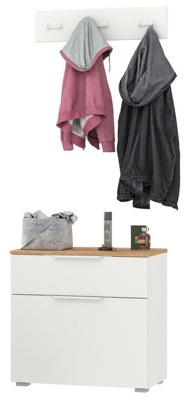 Октава 16.127 Тумба для обуви + 15.14.02 Вешалка, цвет белый шагрень/дуб крафт золотой/фасады МДФ белый шагрень, ШхГхВ 64,9х35,4х180 см.