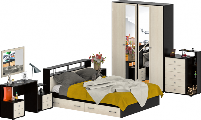 Камелия спальня № 10 Кровать с ящиками 1600 + Две тумбы + Стол косм. + Зеркало + Комод + Шкаф, венге/дуб лоредо