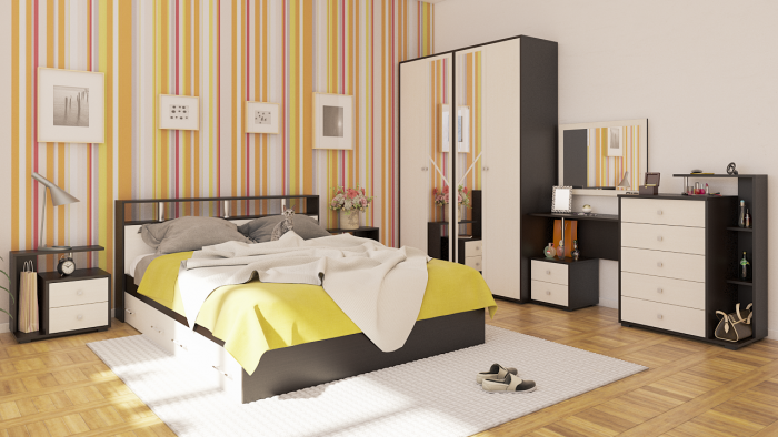 Камелия спальня № 10 Кровать с ящиками 1600 + Две тумбы + Стол косм. + Зеркало + Комод + Шкаф, венге/дуб лоредо