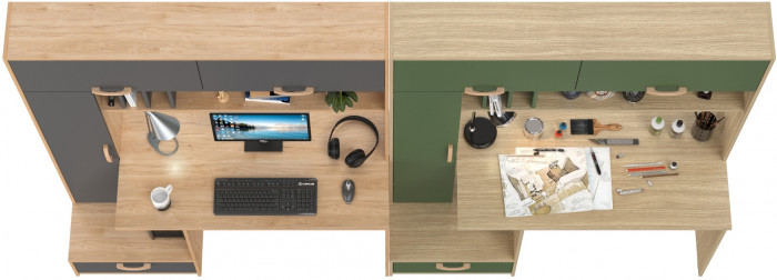 Два Стола письменных Лайт 03.243Н, цвет гикори рокфорд натуральный/тёмно-серый/плэйн/дымчатый зелёный, ШхГхВ 300,4х57,3х179,9 см., НЕ универс. сборка