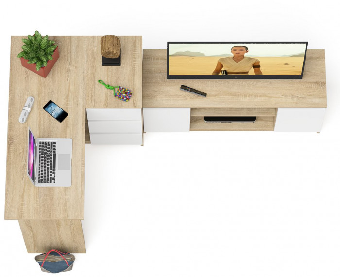 Мори компьютерный стол МС-16 правый + Тумба МТВ1200.1, дуб сонома/белый