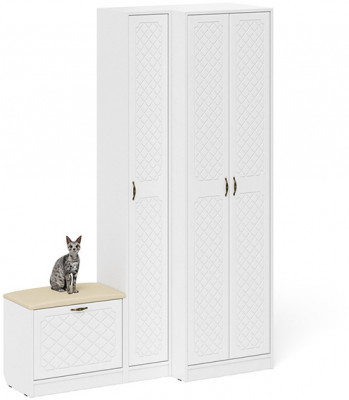 Прихожая П-6 Компоновка № 25, цвет белая шагрень/фасады МДФ белое дерево фрезеровка ромб, ШхГхВ 150х50х210 см., универсальная сборка