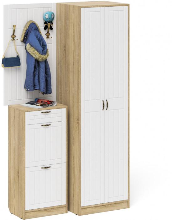 Прихожая П-6 Компоновка № 18, дуб сонома/фасады МДФ белое дерево фрезеровка прованс