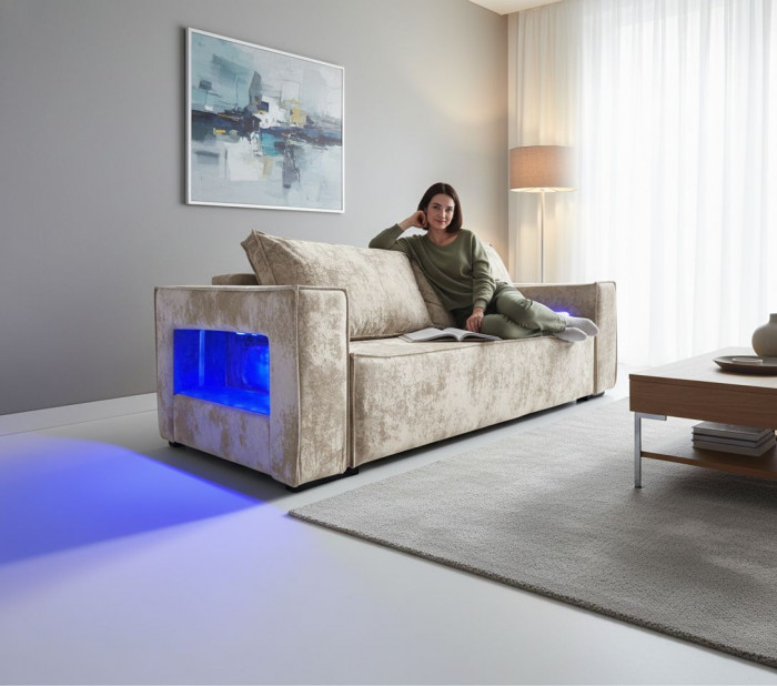 Диван-кровать Лофт Люкс Плюш с подсветкой, еврокнижка, пружинный блок, 140х195, бежевый