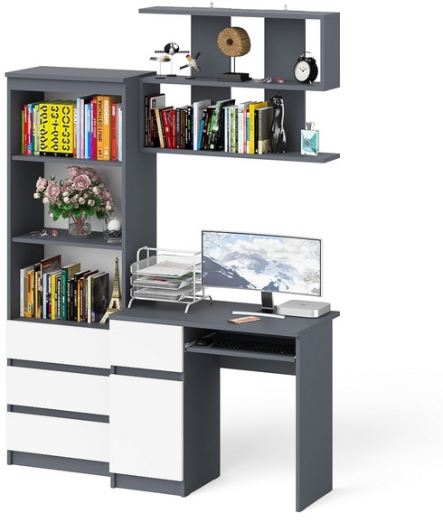 Мори компьютерный стол МС-1 левый + Стеллаж МСТ600.3 + Полка 900, графит/белый