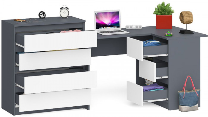 Мори компьютерный стол МС-16 правый + Комод МК800.4, графит/белый
