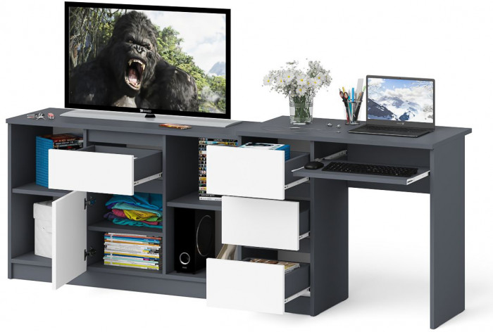 Мори компьютерный стол МС-6 левый + Тумба МТВ1204.1, графит/белый